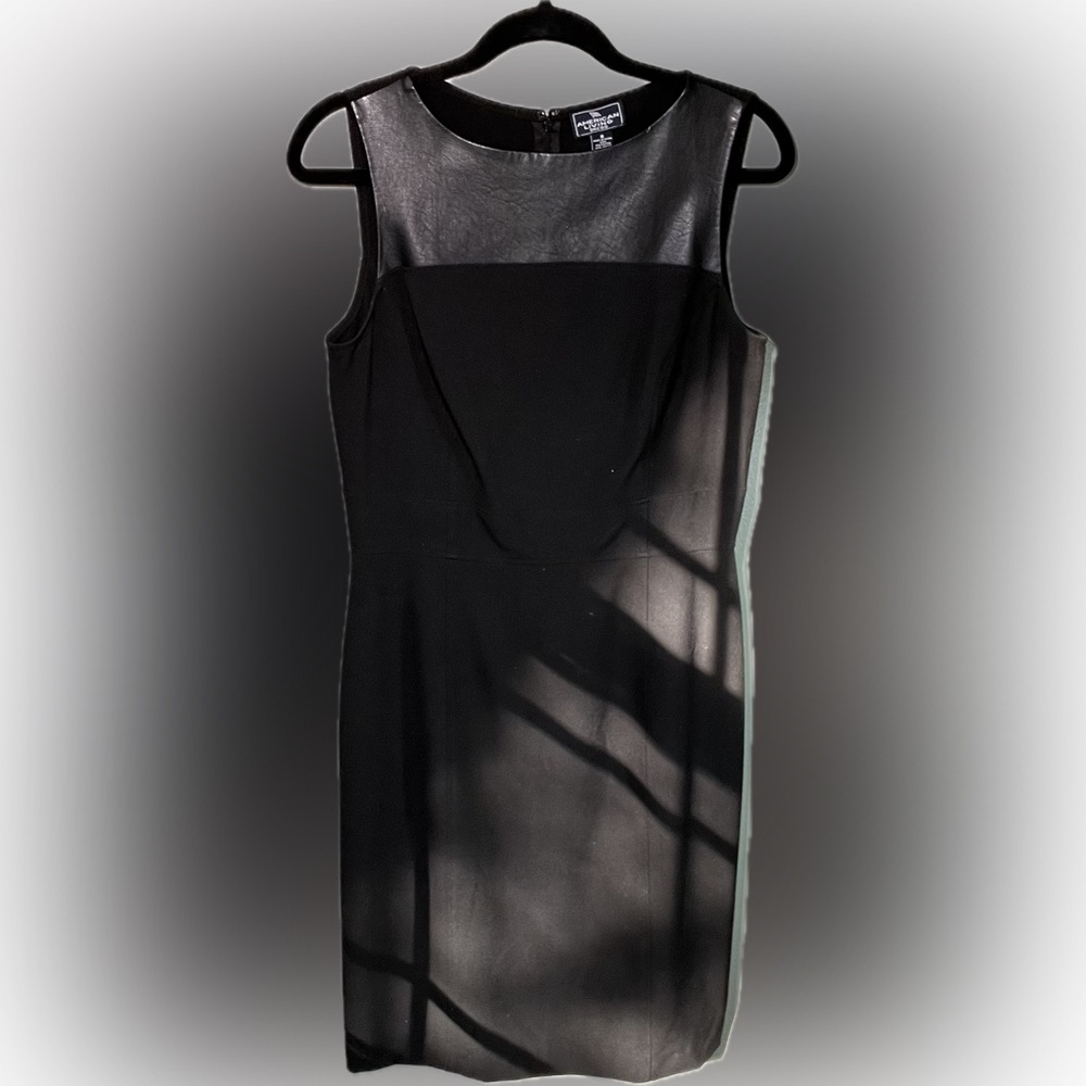 Classic black sheath dress with faux leather yoke. Versatile LBD!!!